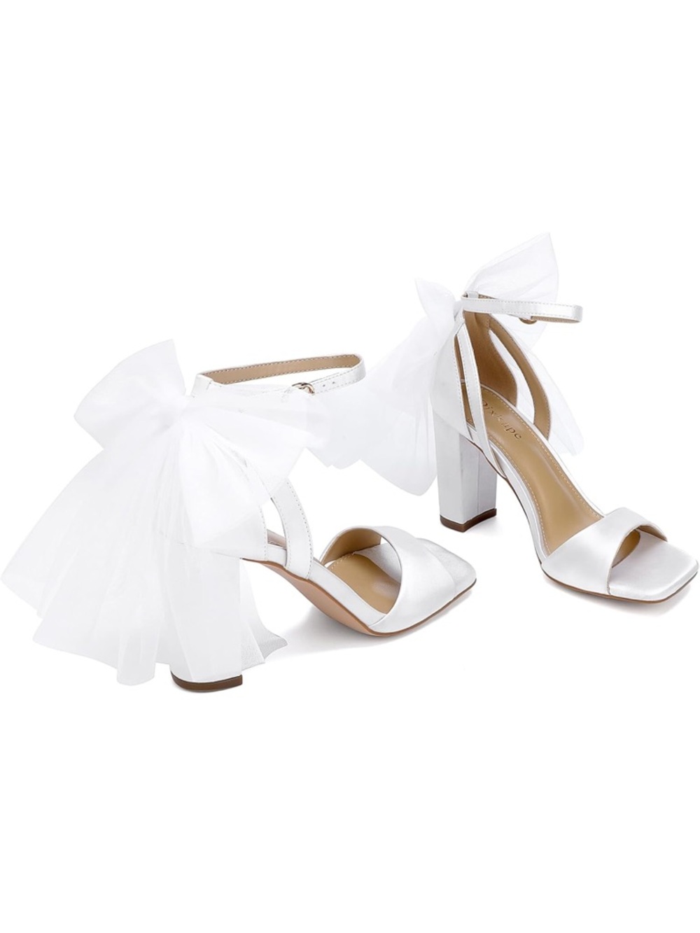 Women's White Tulle Bow Block Heel Sandals - Elegant Ankle Strap Heels